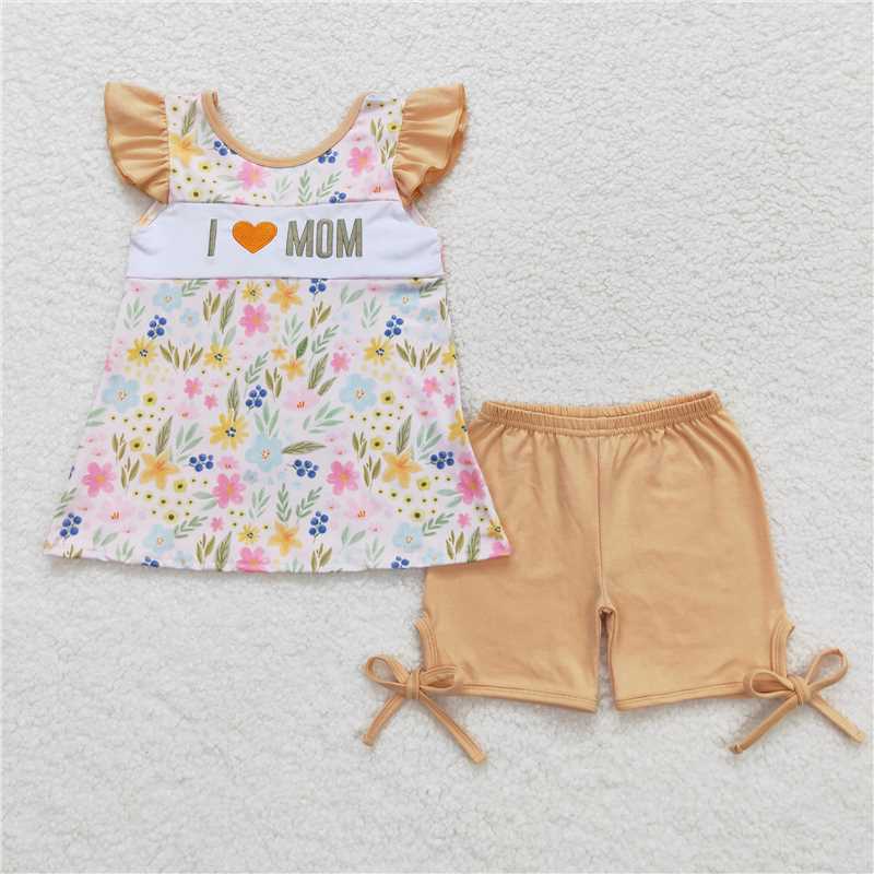 5.28 RTS NO MOQ Baby Girls Summer Outfits I love MOM floral tunic shorts girls outfits
