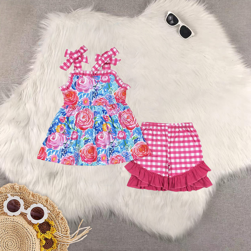 RTS Sibling Baby Girls Plaid straps tunic ruffle shorts girls summer outfits
