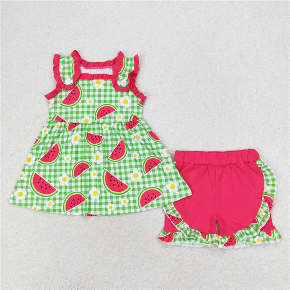 4.25 GSSO0701 RTS NO MOQ Plaid watermelon tunic shorts girls summer clothing