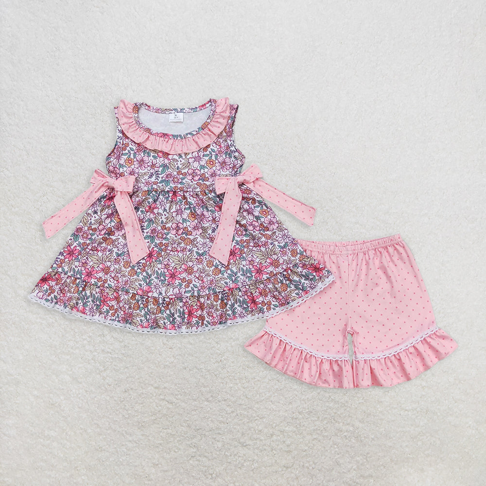 8.13 RTS Sibling Baby Girls Summer Outfits Floral sleeveless tunic polka dots shorts girls summer set