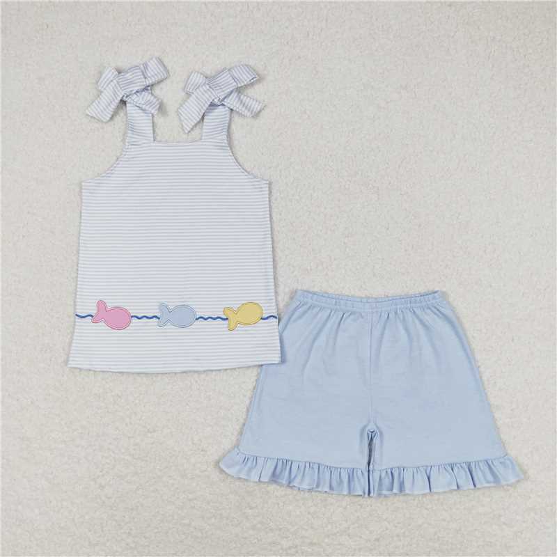 5.28 GSSO0809 RTS NO MOQ Baby Girls Summer Outfits Straps stripe fish top ruffle shorts girls summer clothes
