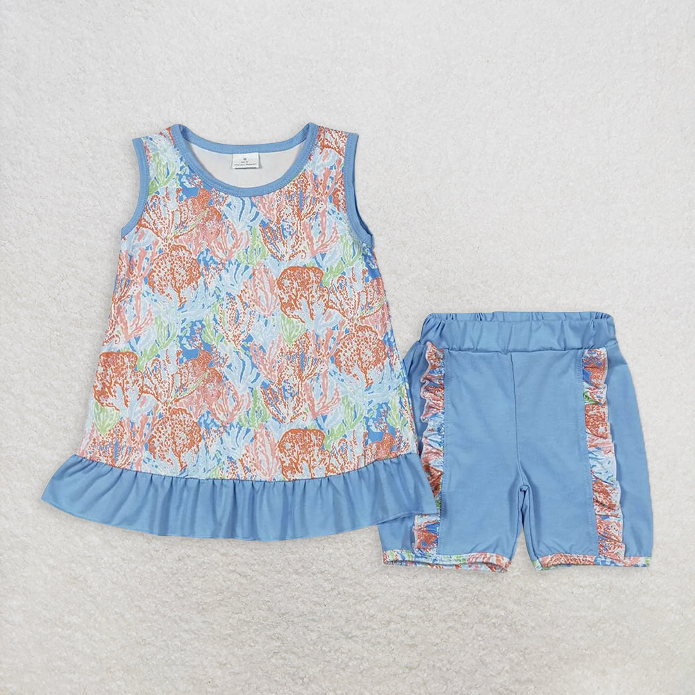 8.15 RTS Sibling Baby Girls Summer Outfits Sleeveless seaweed ruffle top shorts girls clothing set