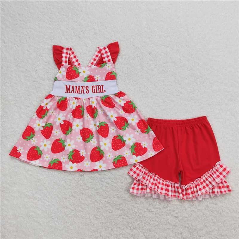 4.07 GSSO0835 RTS NO MOQ Baby Girls Summer Outfits Mama's girl strawberry floral tunic shorts girls clothing