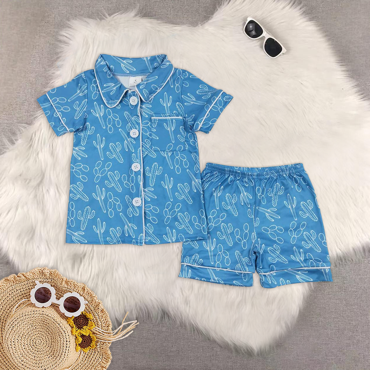 RTS Sibling Baby Girls Blue cactus pocket top short girls summer pajamas