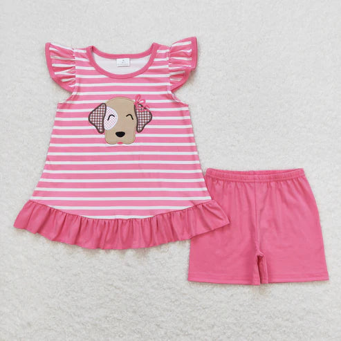 10.16 RTS Sibling Baby Girls Stripes Bows Dog Tunic Top Ruffle Shorts Clothes Sets