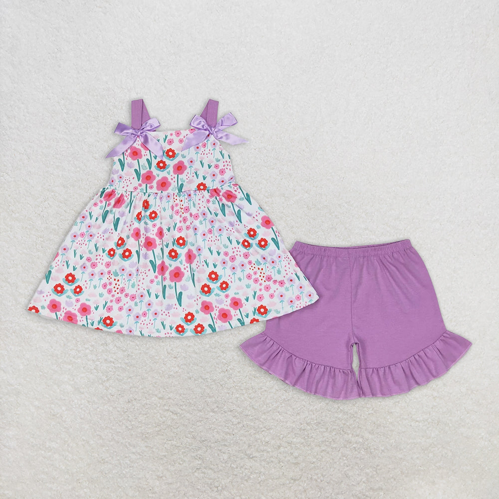 7.16 RTS NO MOQ Straps floral tunic lavender shorts girls summer clothes rompers