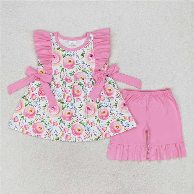 4.24 RTS NO MOQ Girls Pink Ruffles Floral Tunic Short Set Spring Summer Outfit Cute Children's Clothing Floral Print Ruffle Detailing