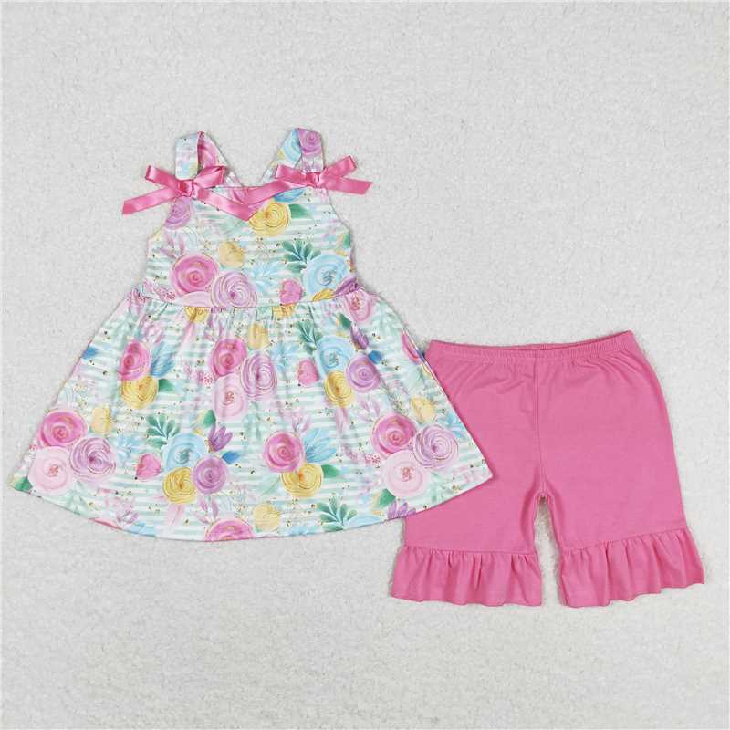 2.10 RTS NO MOQ (In stock)GSSO1007 Kids Clothing for Girls Baby Girls Green Stripes And Flowers Tunic Ruffle Shorts Outfit