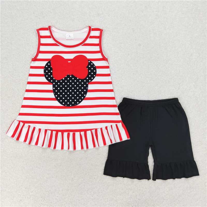 4.24 RTS NO MOQ Girls Sleeveless Red Stripe Mouse Print Top with Ruffle Shorts - Cute Animal Themed Summer Outfit for Kids