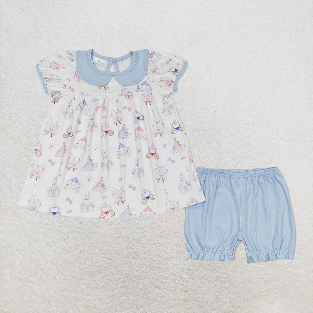 6.16 GSSO1046 RTS NO MOQ Baby Girls Summer Outfits Short sleeves carriage tunic shorts princess girls clothes