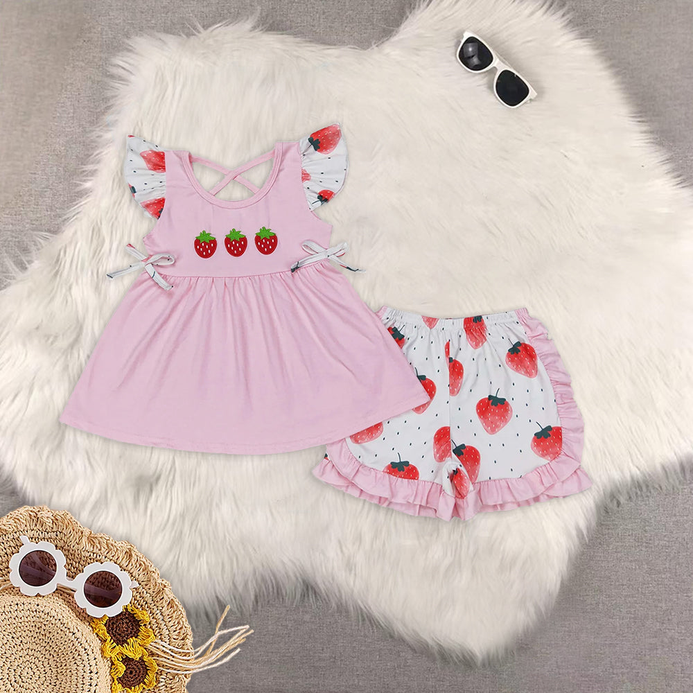 8.12 RTS Sibling Baby Girls Summer Outfits Flutter sleeves strawberry shirt ruffle shorts girls clothes