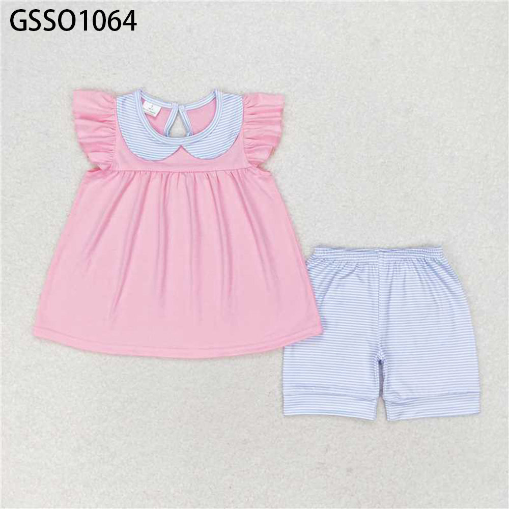 GSSO1064 New Rts No Moq 8-9 Days By Air Arrived it Pink flutter sleeves tunic stripe shorts girls summer outfits
