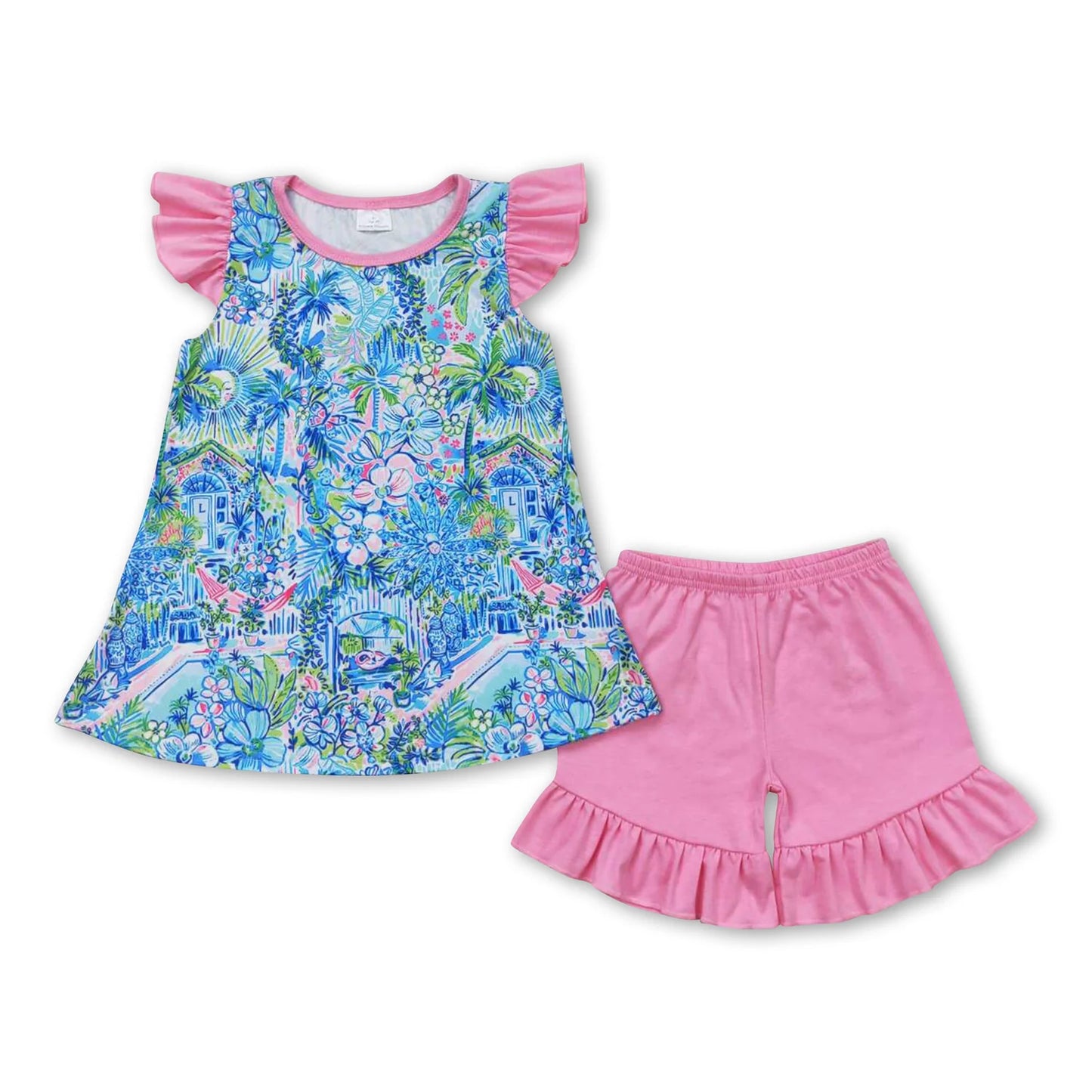 7.19 RTS NO MOQ Blue floral watercolor top pink ruffle shorts girls clothes dress rompers