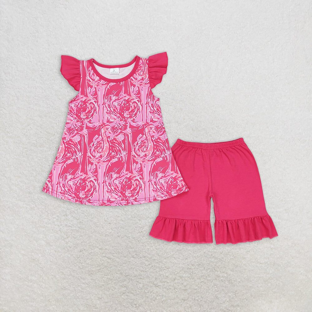 6.18 RTS NO MOQ Hot pink watercolor flamingo top ruffle shorts girls clothes dress tops