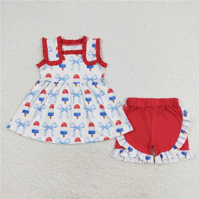 6.11 RTS NO MOQ Sleeveless popsicle bow girls 4th of july outfits rompers
