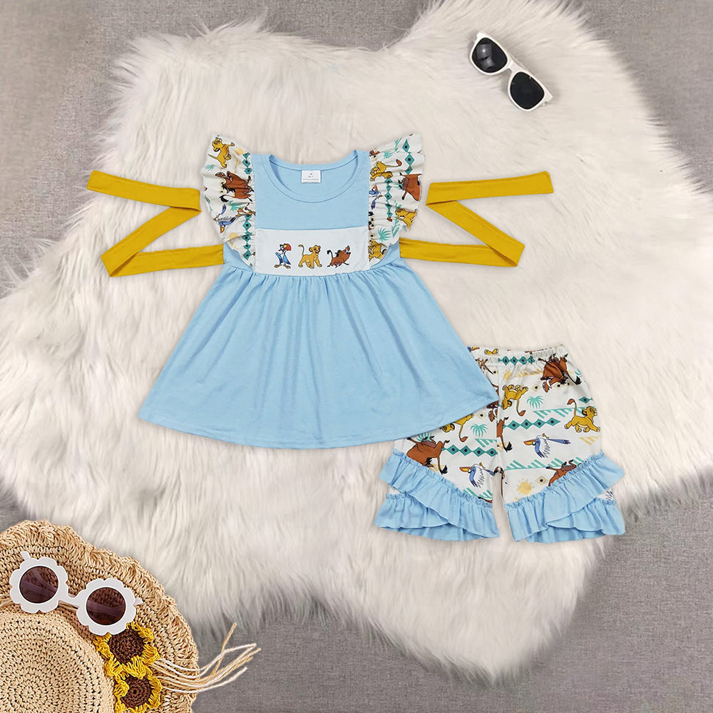 8.02 RTS Sibling Sleeveless lion tunic ruffle shorts girls clothing set dress