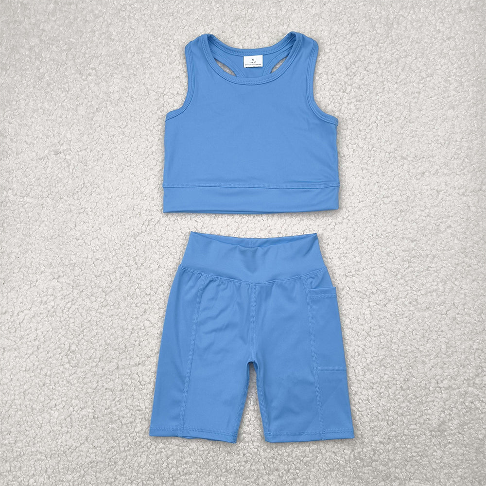 7.14 GSSO1515 RTS NO MOQ Baby Girls Yoga Outfits Baby Girls Blue Athletic Active Wear Top Shorts Clothes Sets