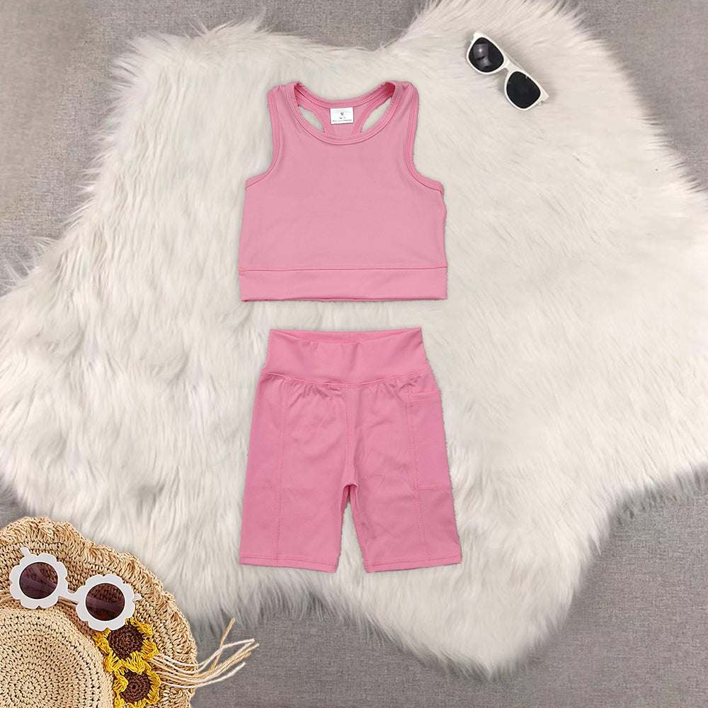 8.18 Sibling Baby Girls Yoga Outfits Pink short sleeves crop top ruffle skirt girls active set