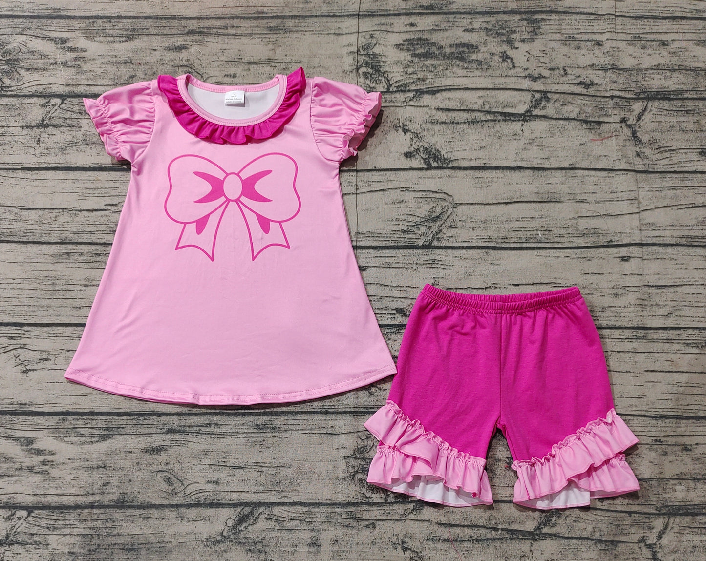 GSSO1531Pink bow short sleeves tunic ruffle shorts girls clothes