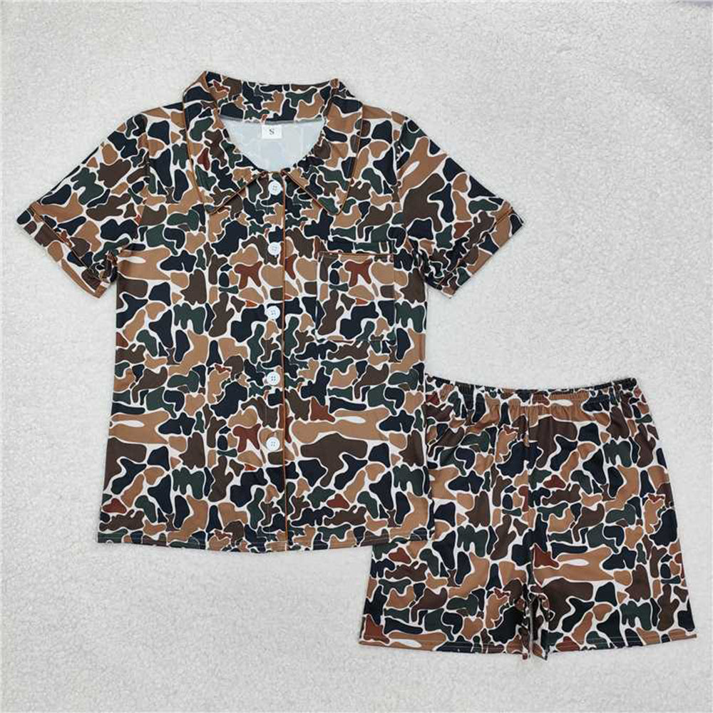 Women's Dark Camouflage Summer Pajamas Button-Down Long Sleeve Sleepwear Adult Comfortable Soft Cotton Camo Print Nightgown