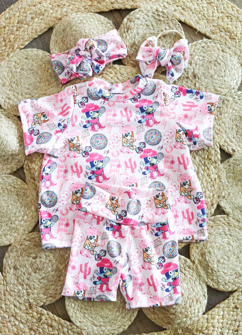 Baby Girls Pink Dog Western Cactus Shirts Shorts Clothing Sets Preorder GSSO1543