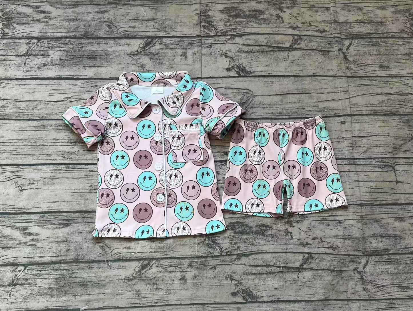 GSSO1545Baby Girls Blue Smile Buttons Shirts Shorts Pajamas Clothing Sets