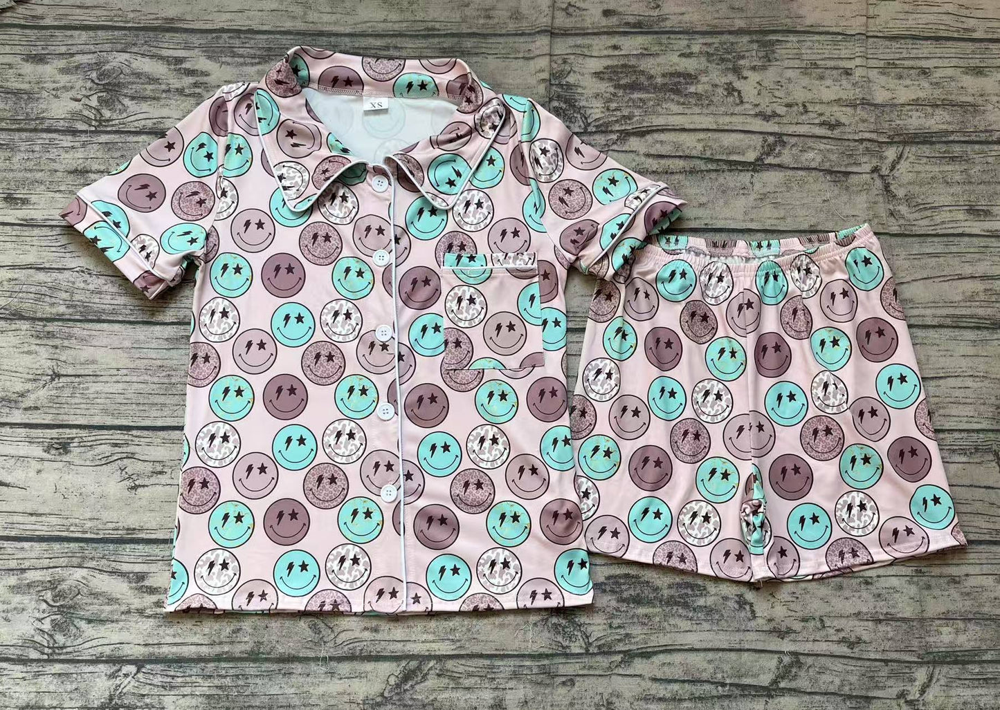 GSSO1546Adult Women Blue Smile Buttons Tops Shorts Pajamas