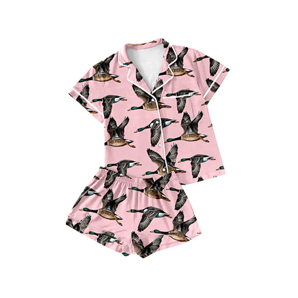 Baby Girls Pink Ducks Hunting Buttons Top Shorts Pajamas Clothing Sets Preorder GSSO1549