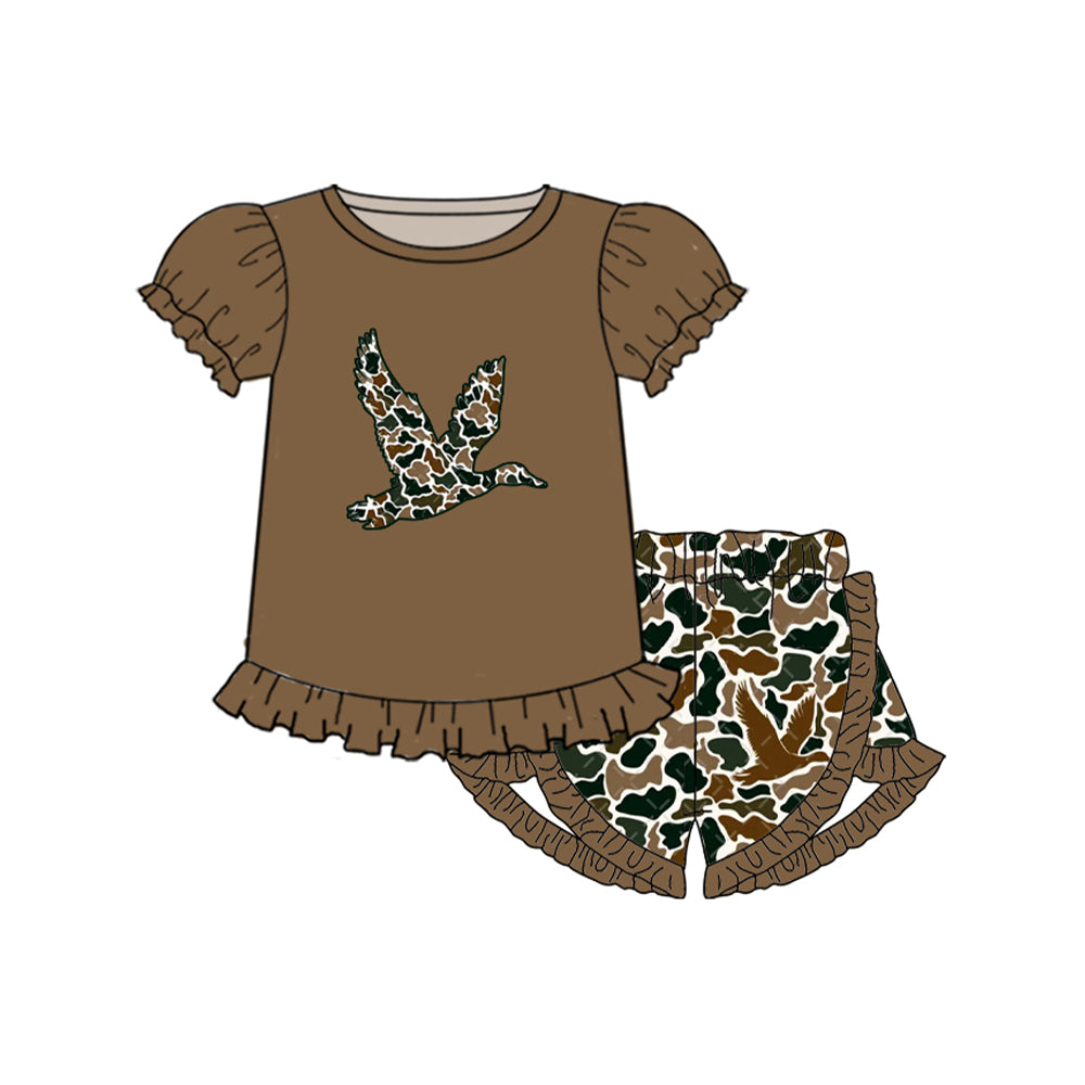 GSSO1556 Baby Girls Brown Camo Duck Shirts Ruffle Shorts Clothing Sets Preorder