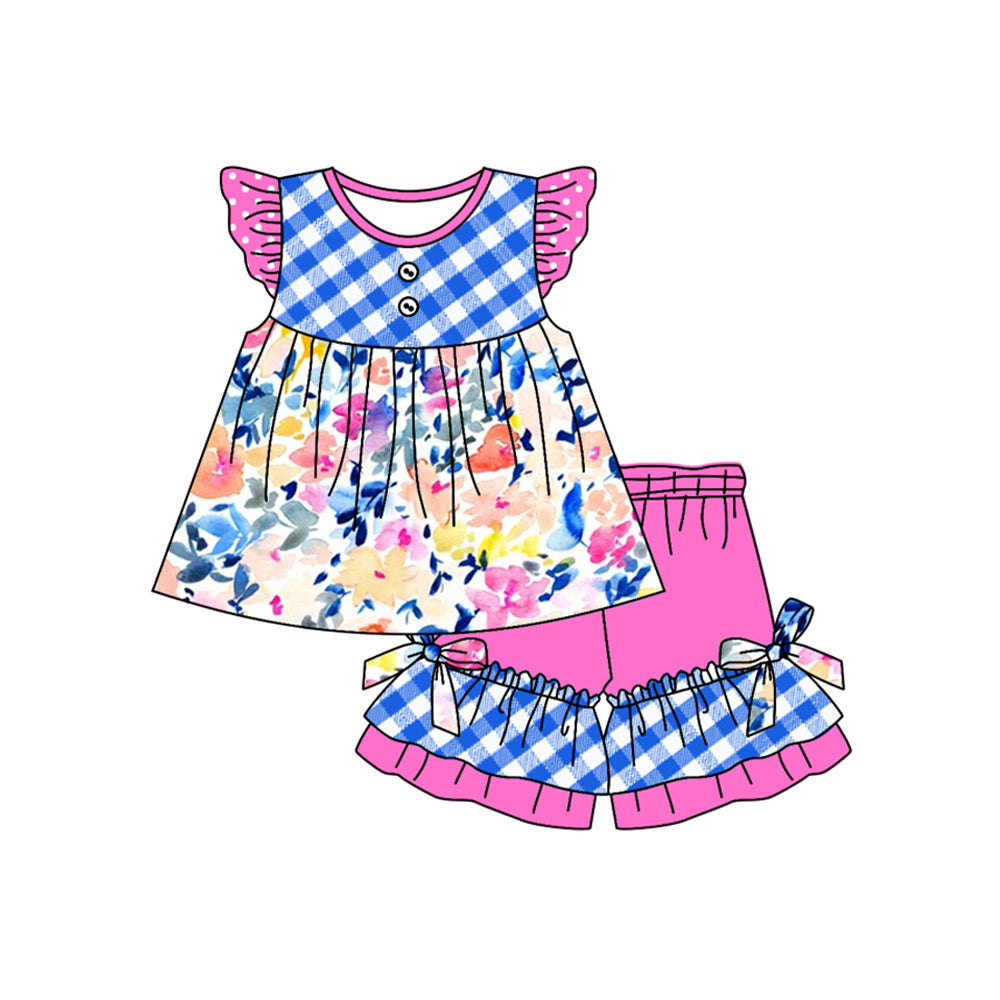 GSSO1559 baby girl clothes floral blue and purple flying sleeve shorts