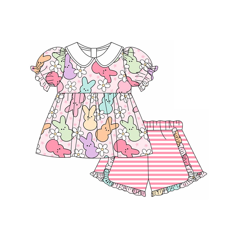 GSSO1569 Baby Girls Pink Easter Rabbits Flowers Tunic Ruffle Shorts Clothes Sets Preorder
