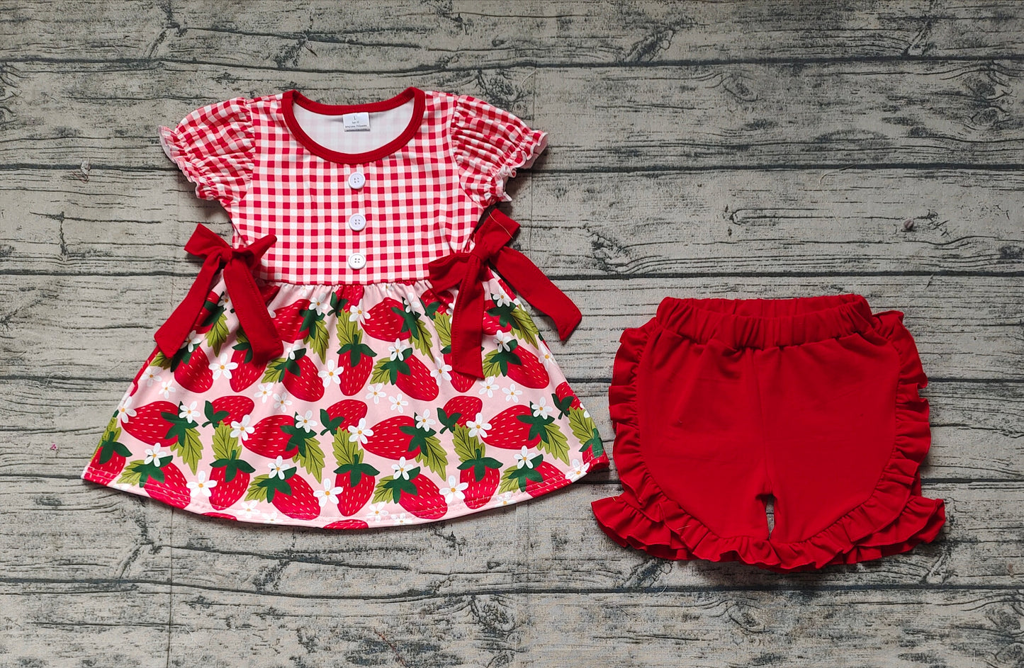 GSSO1648Girls Red Plaid Short Sleeve Tunic Short Set Cute Strawberry Design Children's Clothing Outfit