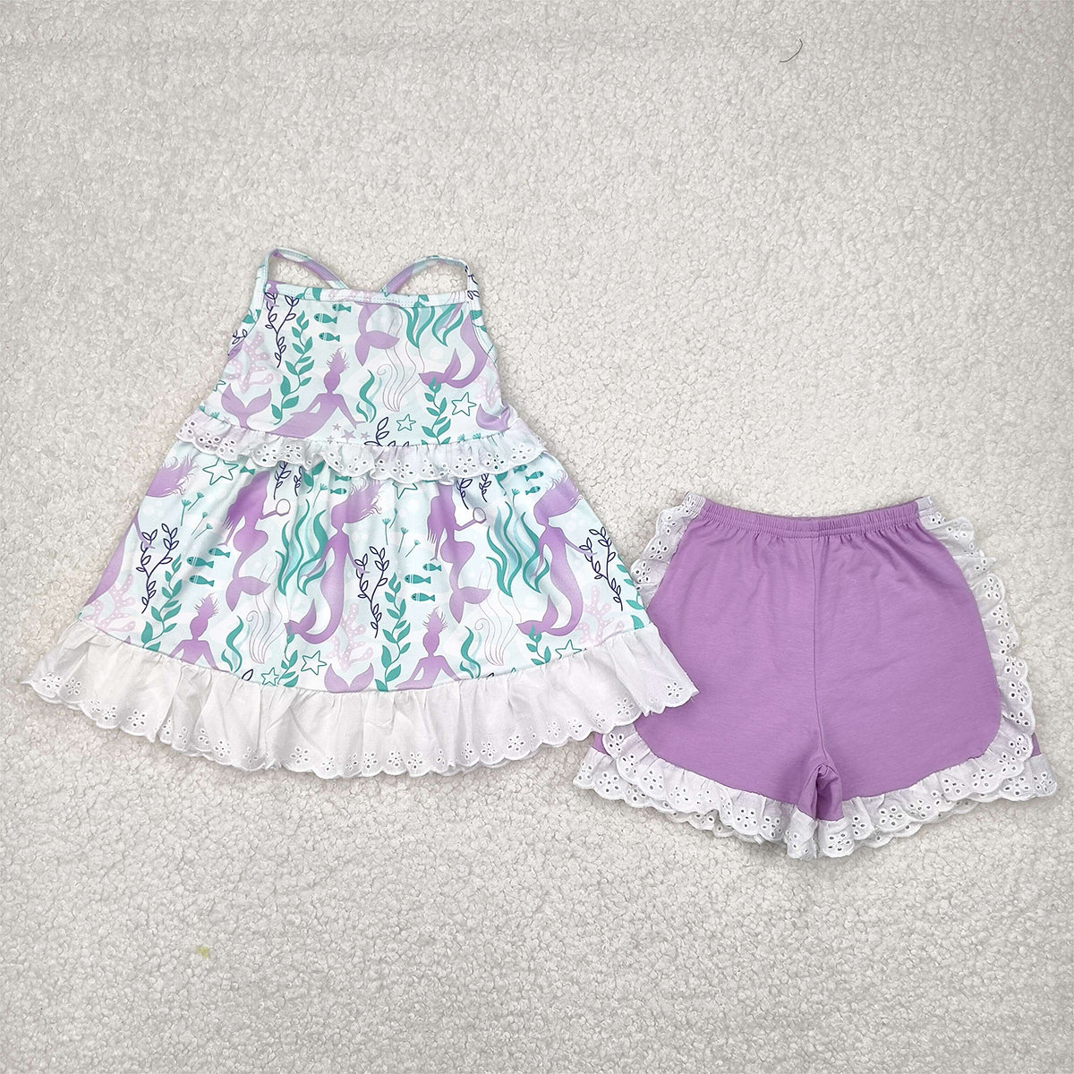5.20 GSSO1675 RTS NO MOQ Baby Girls Summer Outfits Straps seaweed mermaid tunic ruffle shorts girls summer clothes