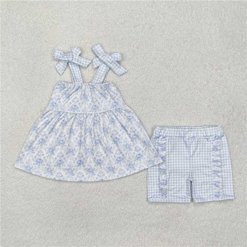 11.8 RTS Sibling Baby Girls Blue Flowers Straps Tunic Ruffle Short Set Knee Length Dresses