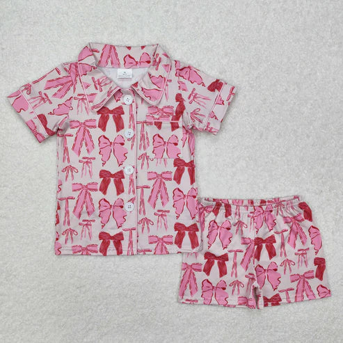 9.26 RTS Sibling Baby Girls Pink Bows Plaid Button Pocket Shorts Pajamas Set Zipper Pullovers Top