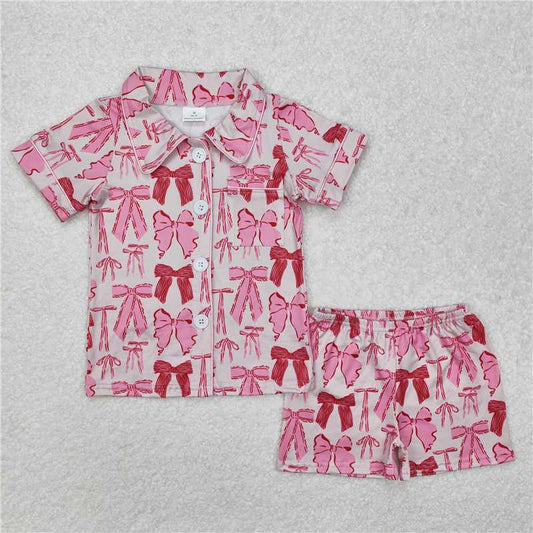 USA Warehouse (IN STOCK) GSSO1718 Baby Girls Button down Pajamas Short Sleeves Bow Design Comfortable Sleepwear for Little Ones