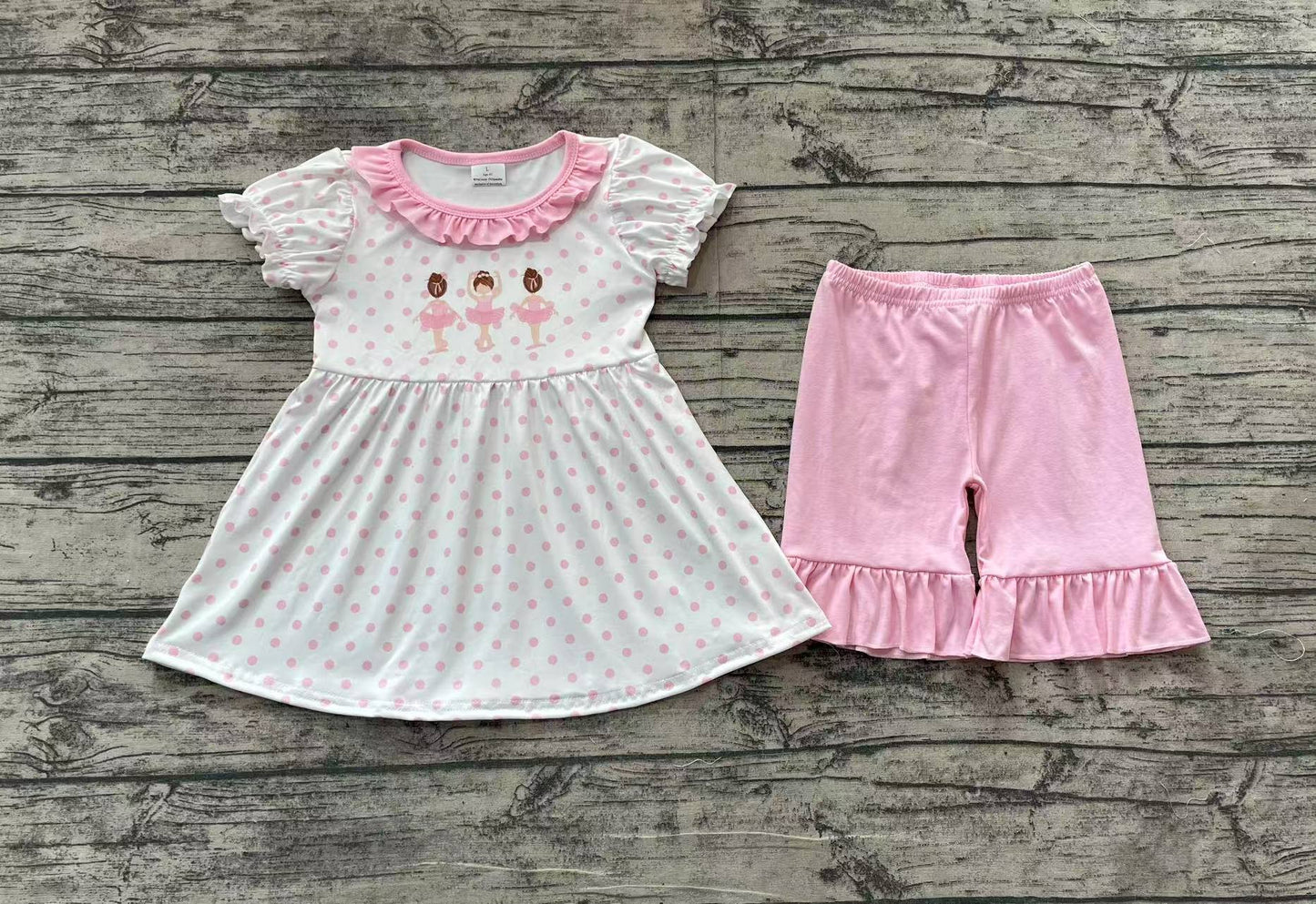 GSSO1732Pink polka dots tunic shorts dance girls clothing set