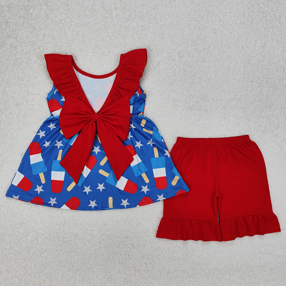 GSSO1765Girls Blue Stars Popsicle Ruffle Tunic Shorts Outfit 4th of July Patriotic Clothing Set for Kids