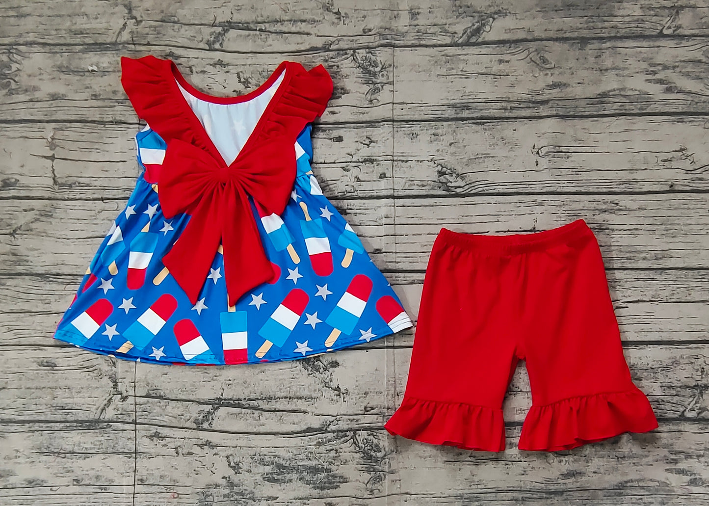 GSSO1765Girls’ 4th of July Charming Blue Stars and Popsicle Ruffle Tunic Shorts Outfit