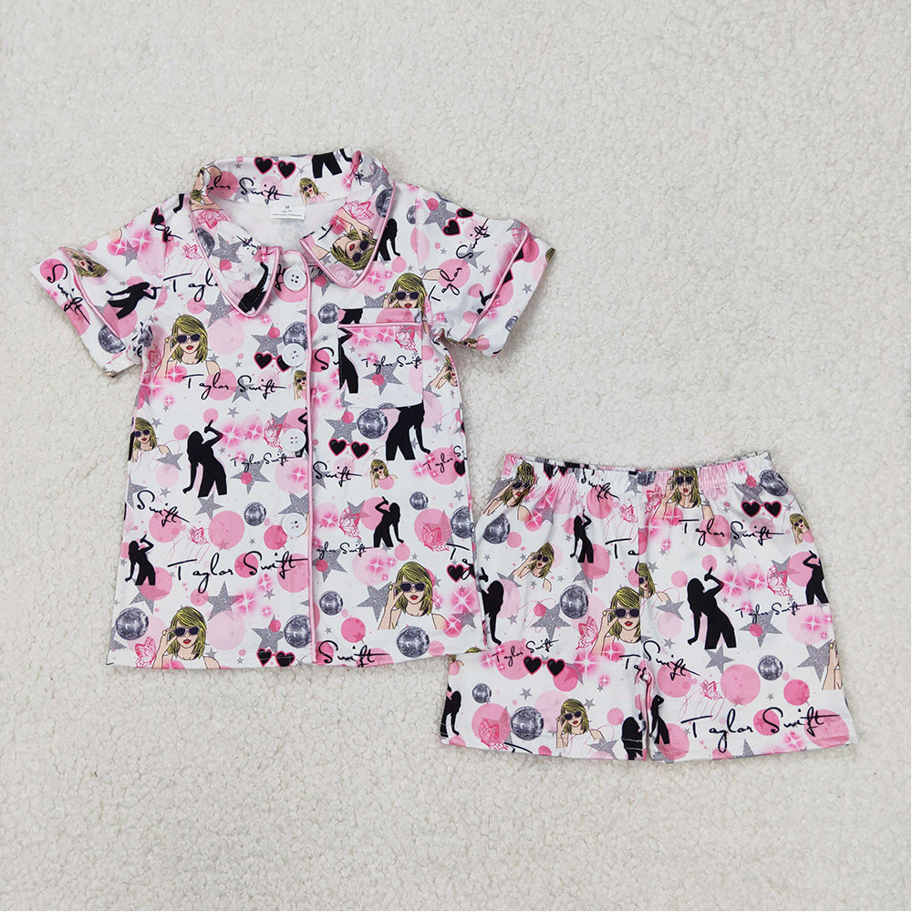 5.16 GSSO1772 RTS NO MOQ Pink short sleeves stars singer girls button down pajamas
