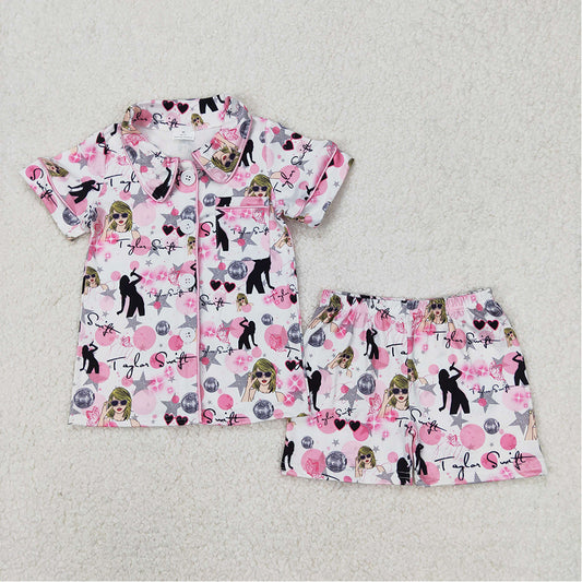 5.16 GSSO1772 RTS NO MOQ Pink short sleeves stars singer girls button down pajamas