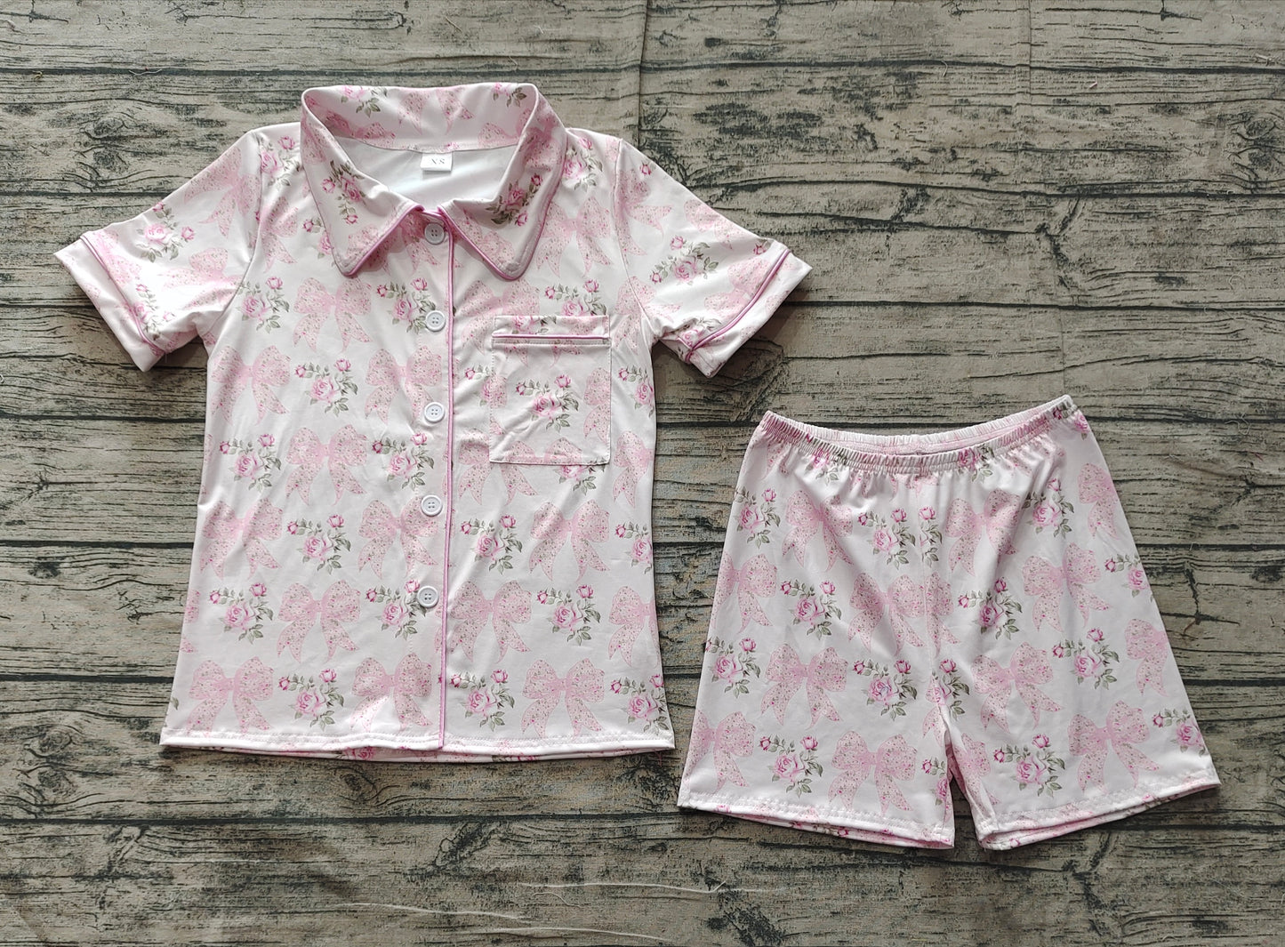 GSSO1779Pink short sleeves bow floral women button down pajamas