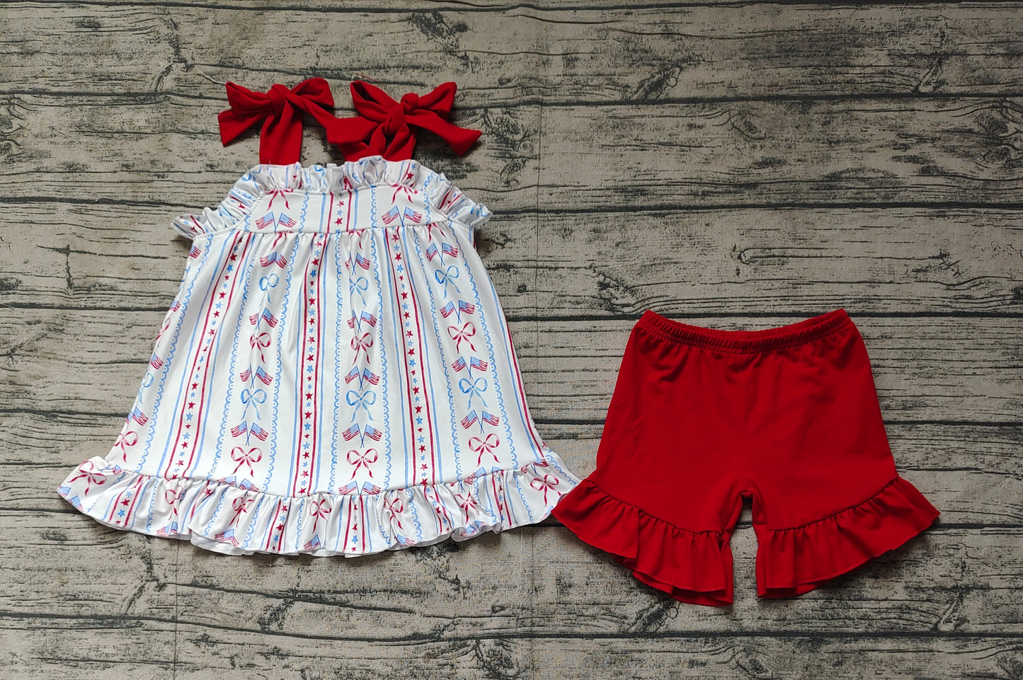 GSSO1786Girls Red Straps Flag Bow Tunic Shorts Outfit for 4th of July Independence Day Celebration