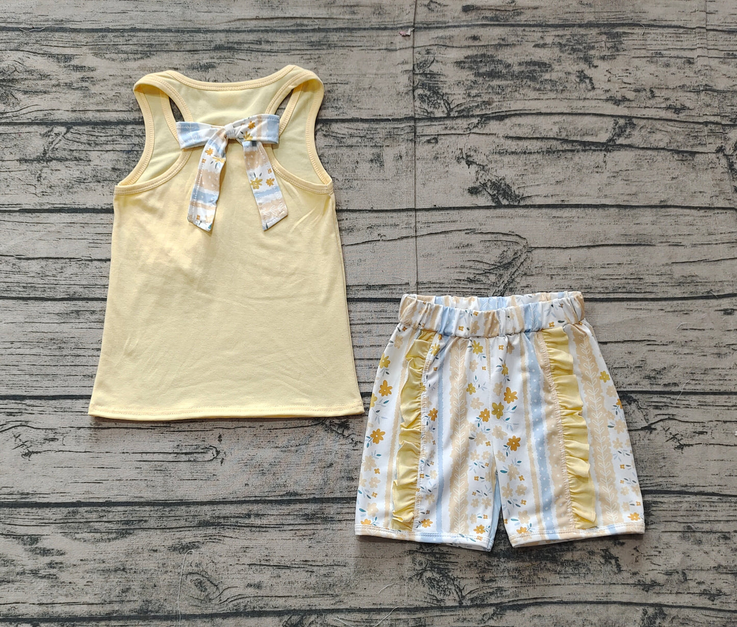 GSSO1788Yellow sleeveless floral bow ruffle shorts girls clothes