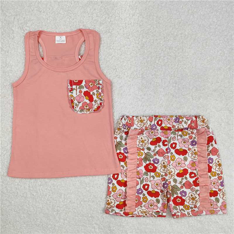 4.07 GSSO1793 RTS NO MOQ Baby Girls Summer OutfitsPeach sleeveless floral bow ruffle shorts girls clothes