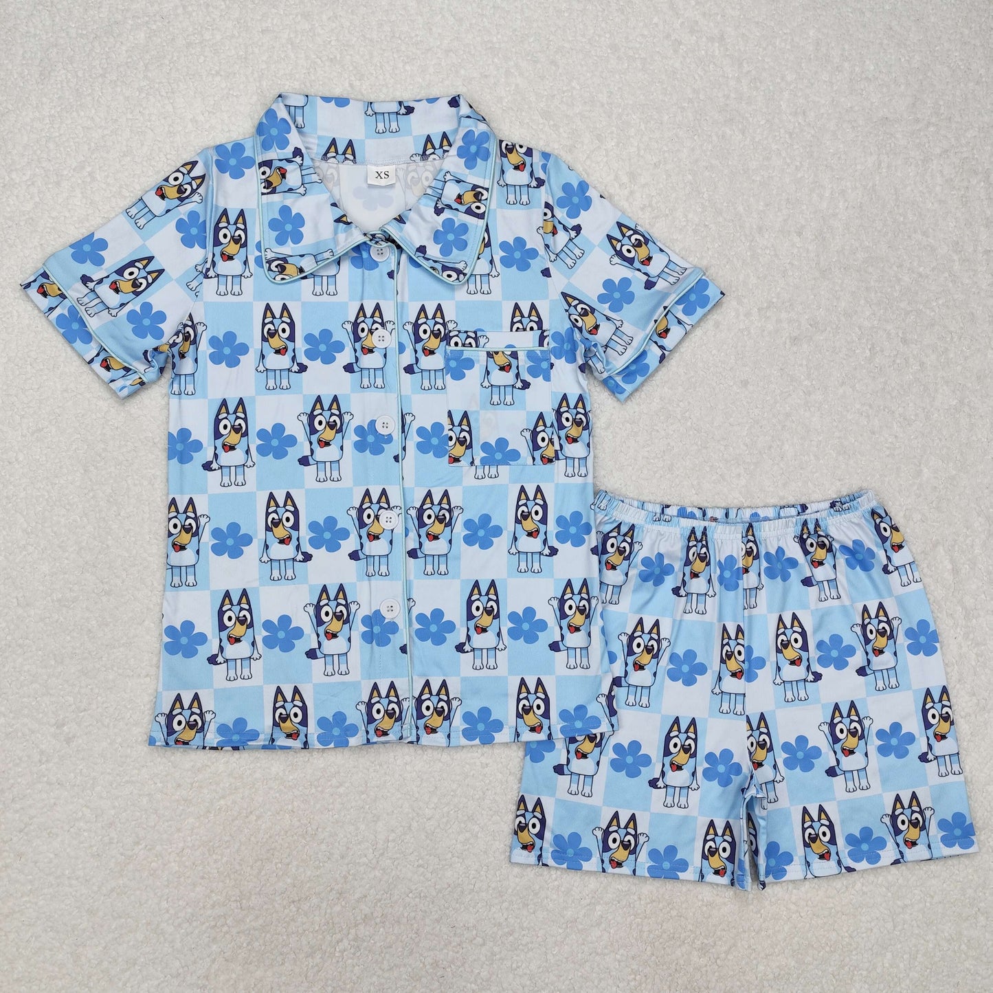 GSSO1803Blue dog floral plaid adult women button down pajamas