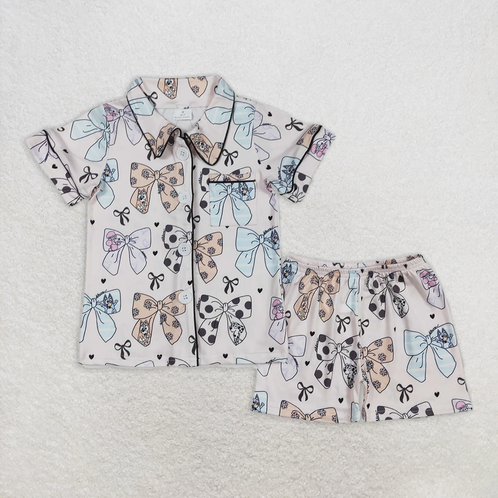 GSSO1810RTS NO MOQ Baby Girls Pajamas Outfits Short sleeves dog bow kids girls button down pajamas