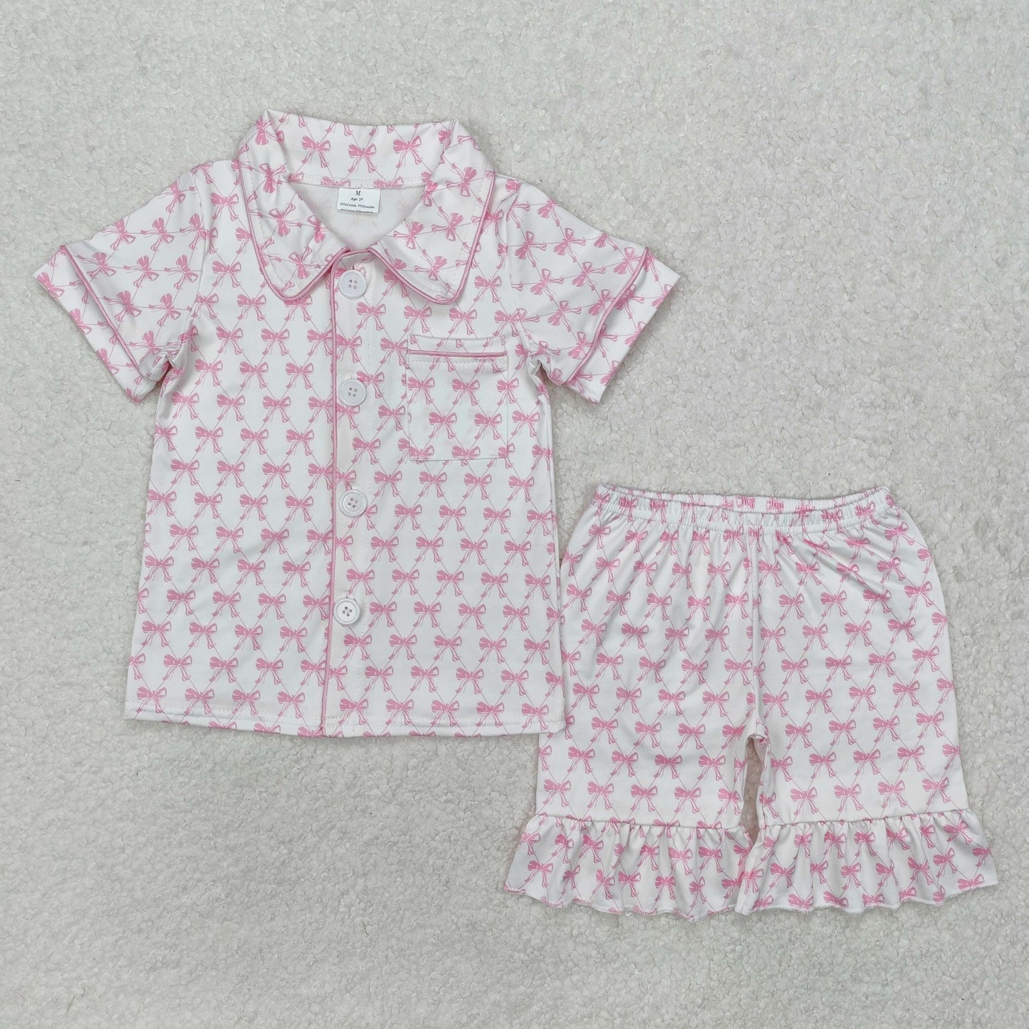 GSSO1820Baby Girls Short Sleeves Pink Bows Button Down Pocket Top Shorts