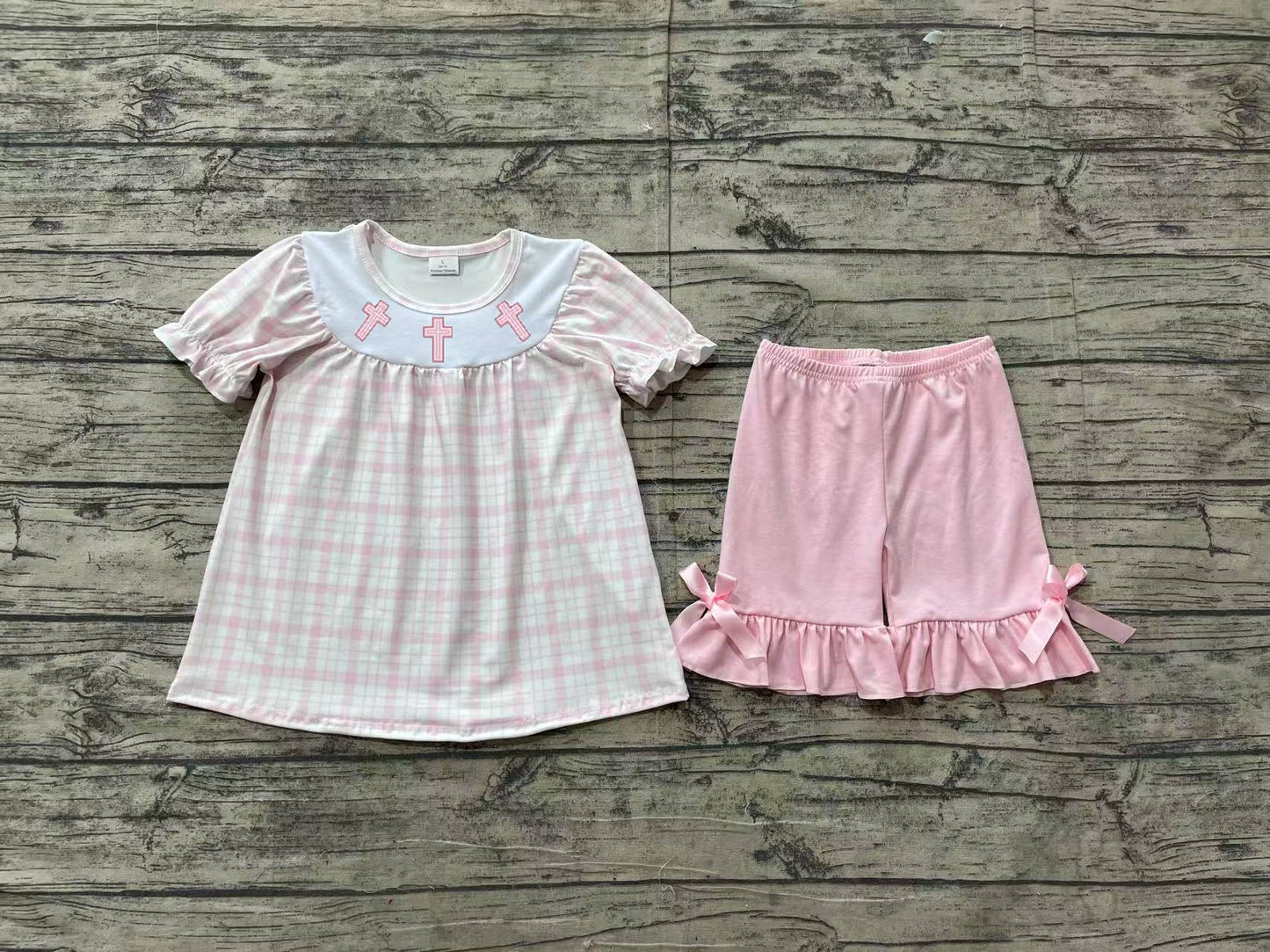 GSSO1855Plaid cross tunic ruffle shorts kids girls Easter outfits