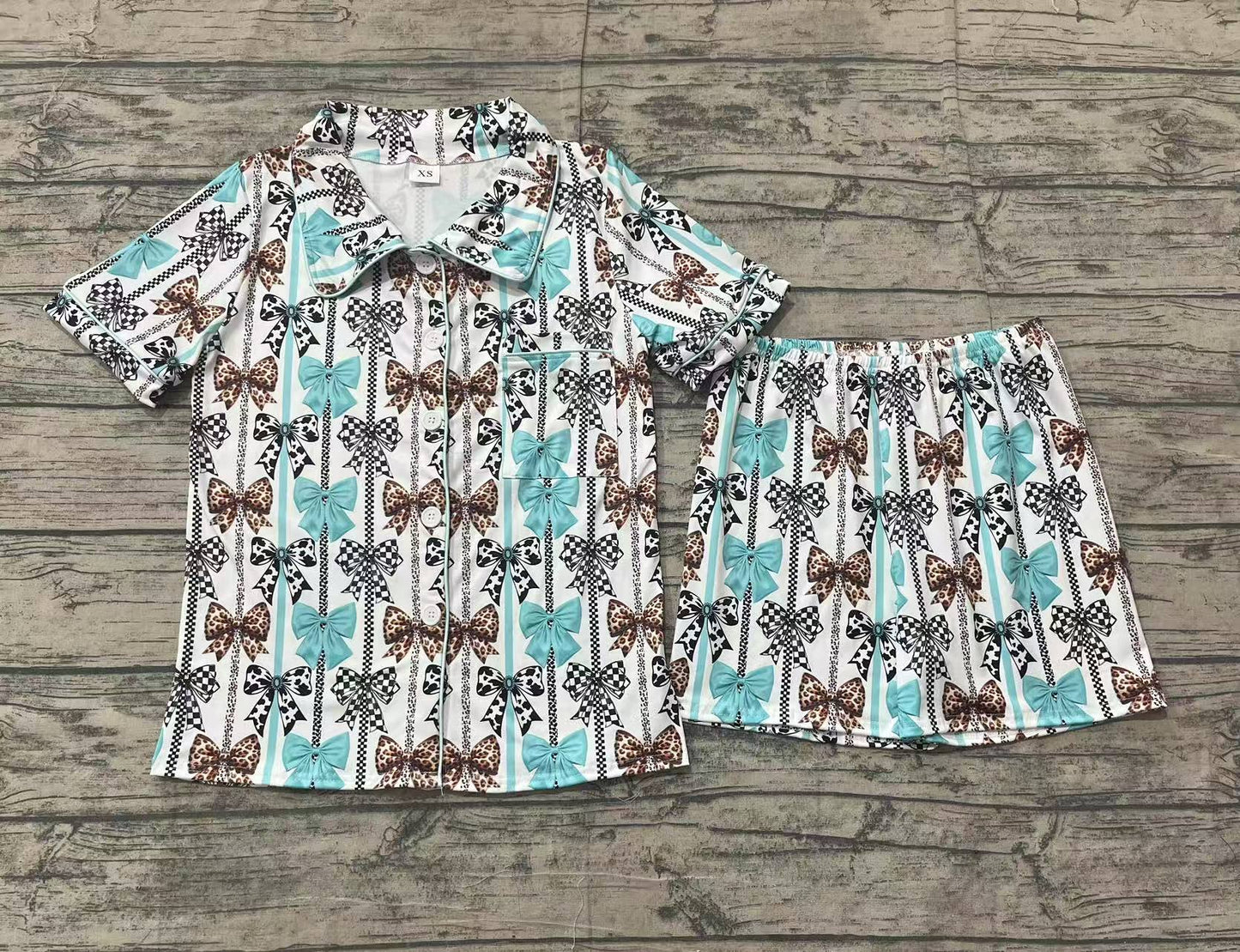 GSSO1856Leopard cow print bow adult women button down pajamas